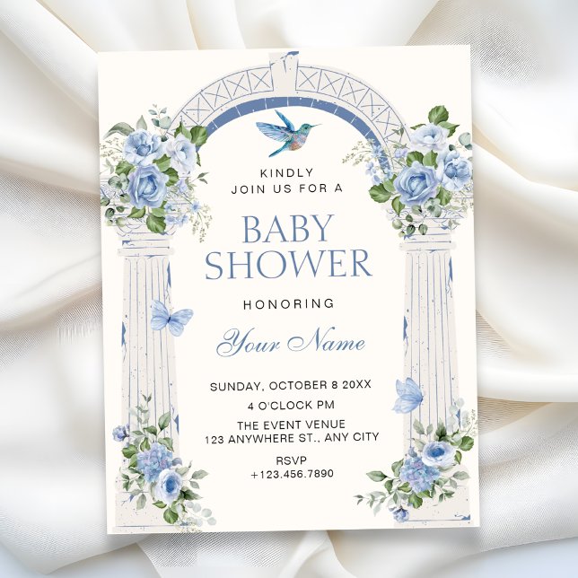 Invitation Baby shower sous une arche florale bleue (Créateur téléchargé)