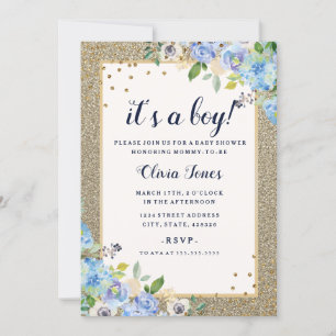 Invitation Baby shower Sparkle Boy Blue Gold floral