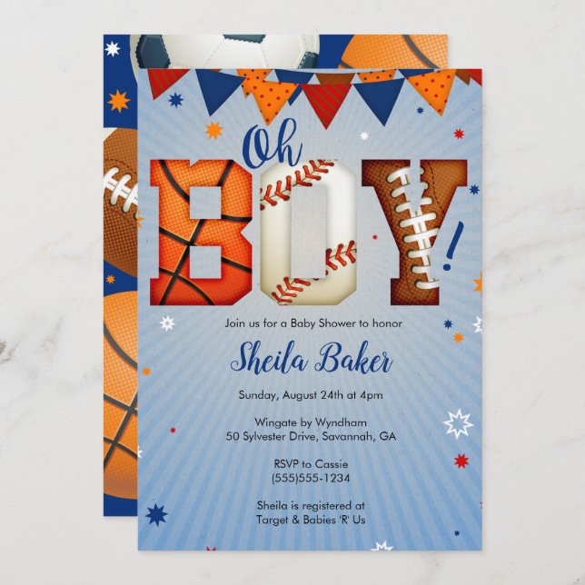 Invitation Baby shower sportif - Sports All Star (Devant / Derrière)