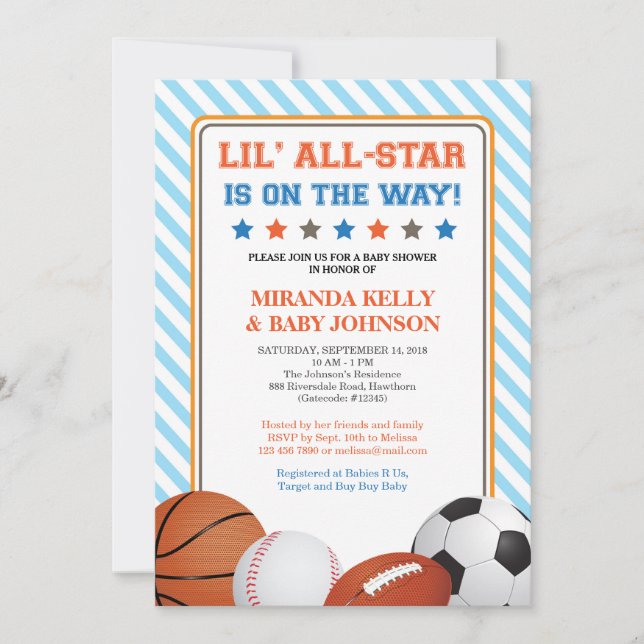 Invitation Baby shower sportif, Tous Sports Star (Devant)