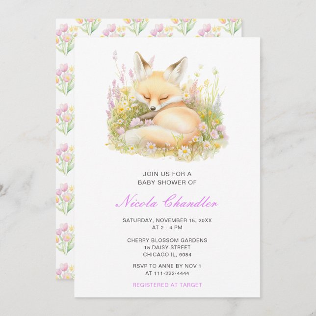 Invitation Baby shower Spring Fox (Devant / Derrière)