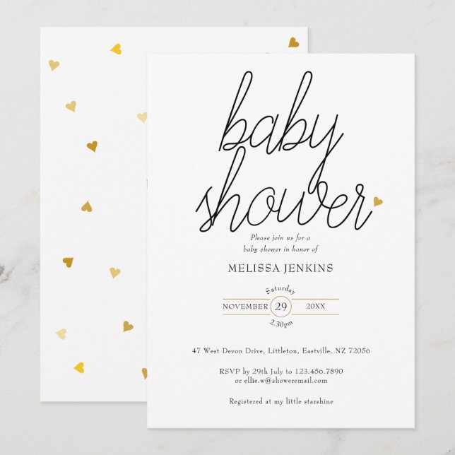 Invitation Baby Shower / Sprinkle Chic Script Cœurs Dorés (Devant / Derrière)