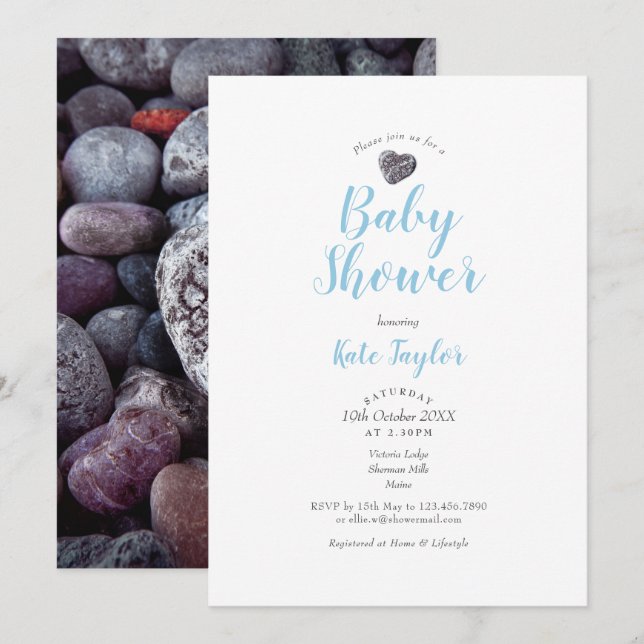Invitation Baby Shower / Sprinkle Cœur de Galet Mignon (Devant / Derrière)