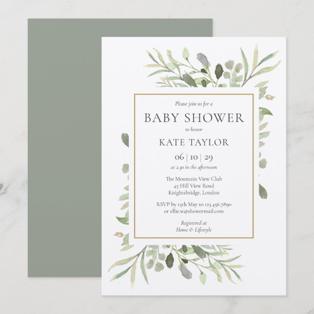 Invitation Baby-Shower / Sprinkle Rustique Aquarelle de Verdu (Devant / Derrière)