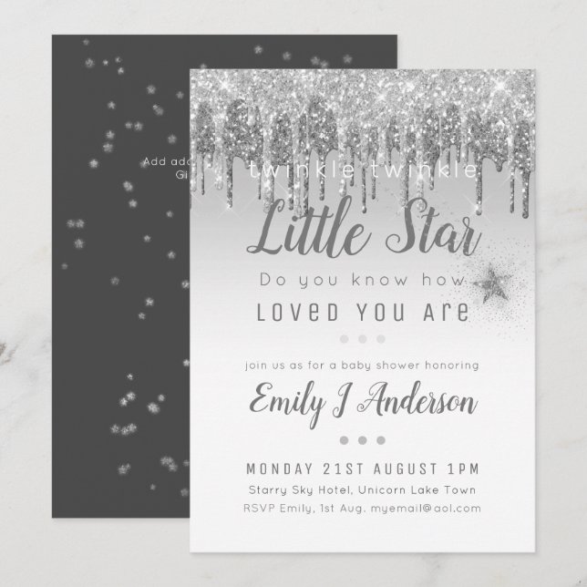 Invitation Baby shower STAR TWINKLE Parties scintillant gris  (Devant / Derrière)