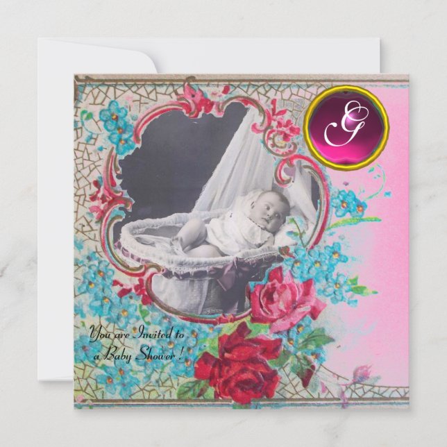 Invitation BABY SHOWER STORE MONOGRAM MODÈLE PHOTO, blanc (Devant)