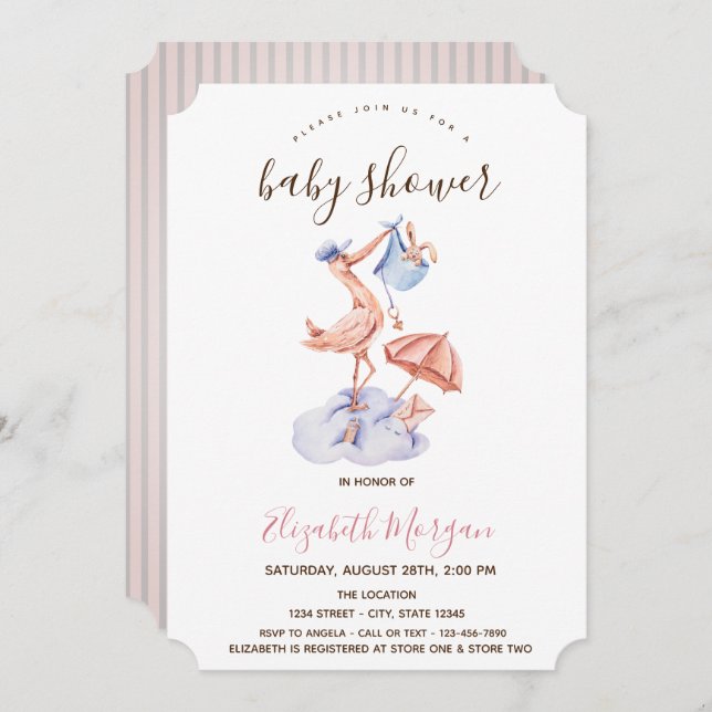 Invitation Baby shower Stork Little Bunny Pink Stripes (Devant / Derrière)