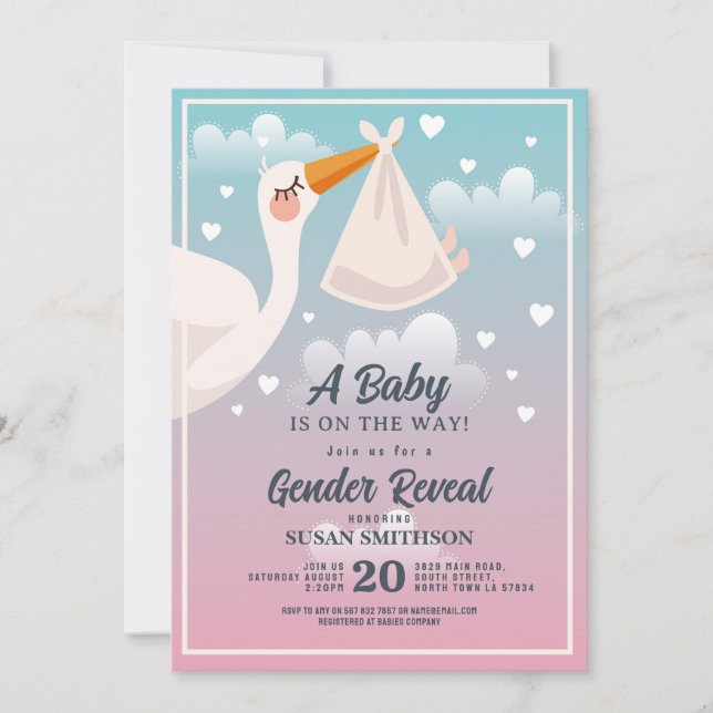 Invitation Baby shower Stork Rose Bleu Sexe Révéler (Devant)