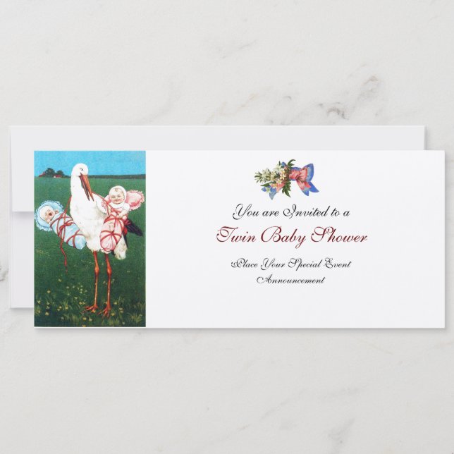 Invitation BABY SHOWER STORK TWIN, champagne métallique (Devant)