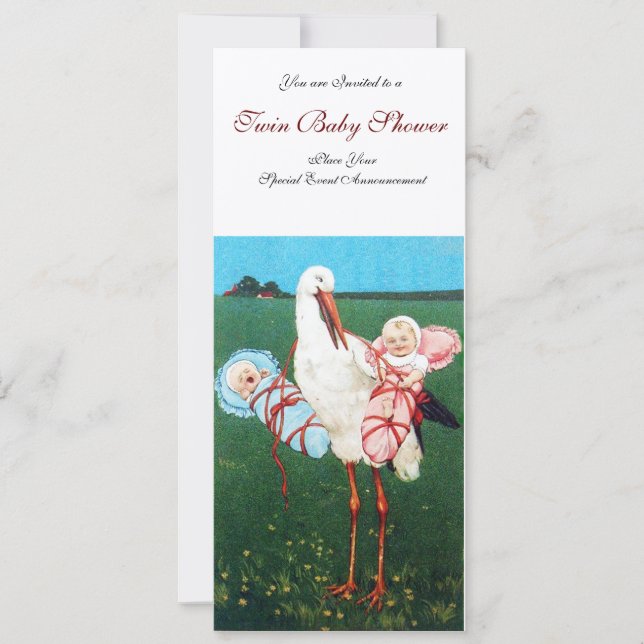 Invitation BABY SHOWER STORK TWIN, champagne métallique (Devant)
