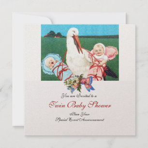 Invitation BABY SHOWER STORK TWIN, champagne métallique