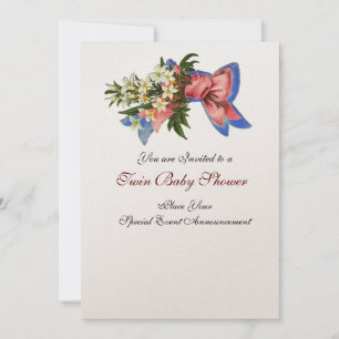 Invitation BABY SHOWER STORK TWIN, champagne métallique