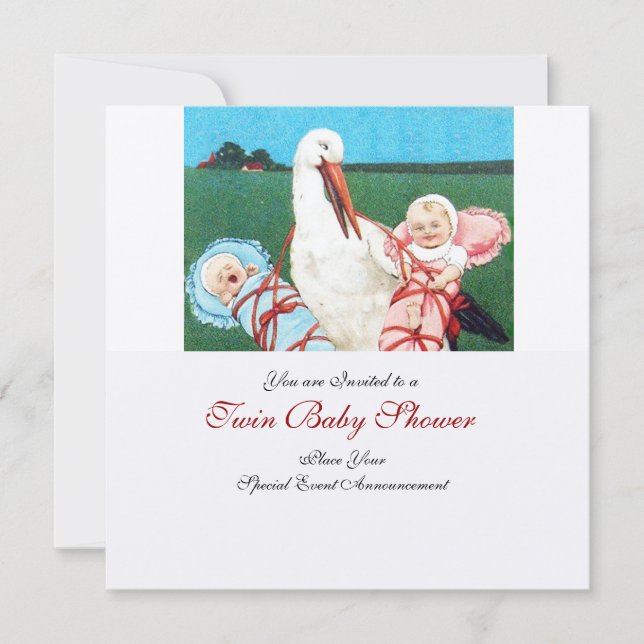 Invitation BABY SHOWER STORK TWIN, papier métallique or (Devant)