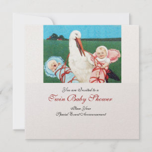 Invitation BABY SHOWER STORK TWIN, papier métallique or