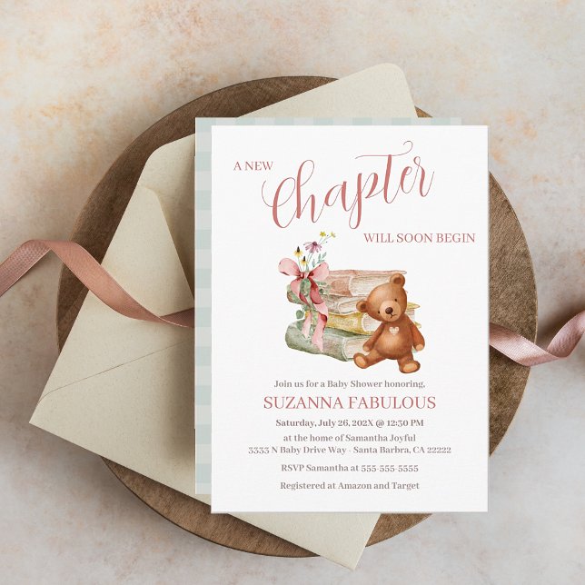 Invitation Baby shower Storybook Nouveau chapitre commence (New Chapter Will Soon Begin. Cute storybook and stuffed brown bear. Perfect for your Baby Shower)