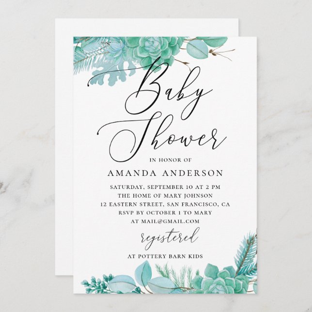 Invitation Baby shower succulent à la menthe d'aquarelle (Devant / Derrière)