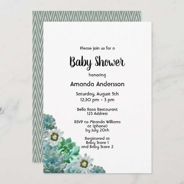 Invitation Baby shower succulent cati fleurs blanc vert (Devant / Derrière)