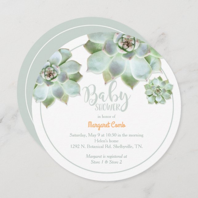 Invitation Baby shower Succulent mignon (Devant / Derrière)