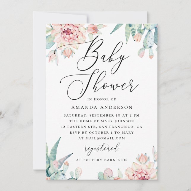 Invitation Baby Shower Succulente Florale | Cactus Boho Éléga (Devant)