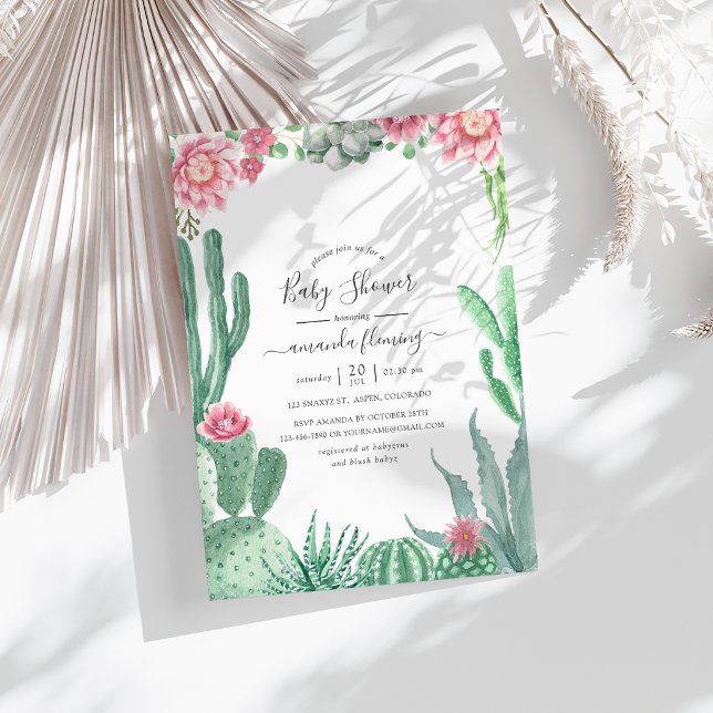Invitation Baby Shower Succulents Aquarelle (Watercolor Succulents Baby Shower Invitation)