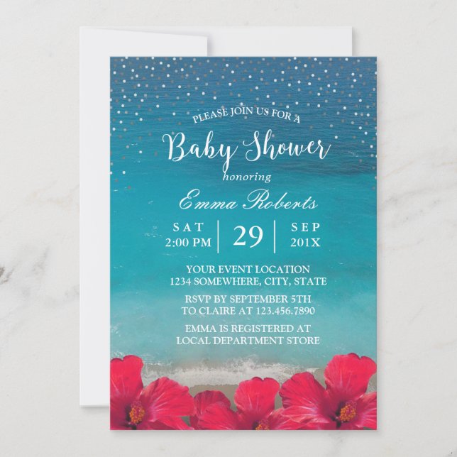 Invitation Baby shower Summer Beach Tropical Floral Confetti (Devant)