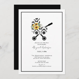 Invitation Baby shower Sunflower & Black Damask Pram