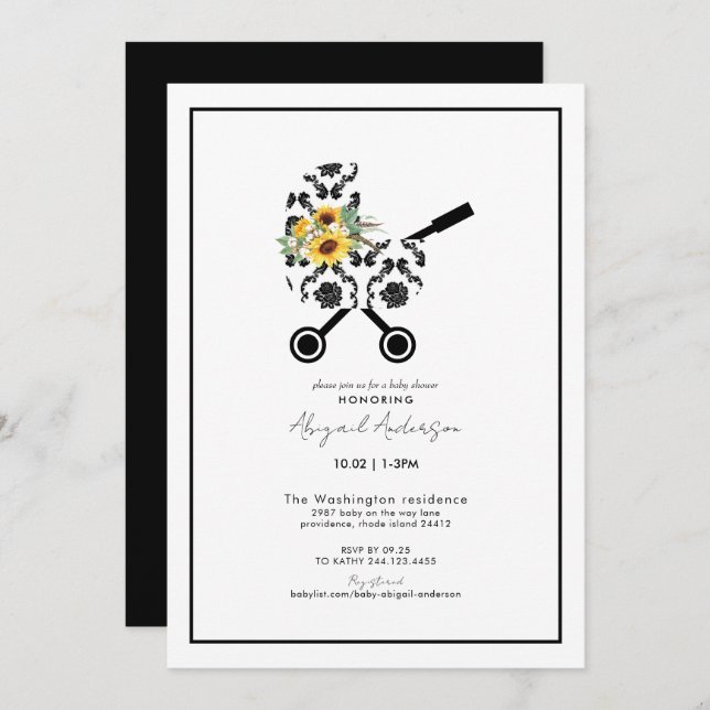 Invitation Baby shower Sunflower & Black Damask Pram (Devant / Derrière)