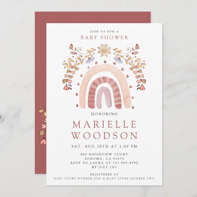 Invitation Baby shower Sunshine Arc-en-ciel Boho (Devant / Derrière)