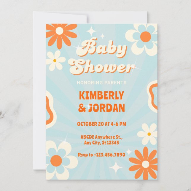 Invitation Baby shower super rétro bleu (Devant)