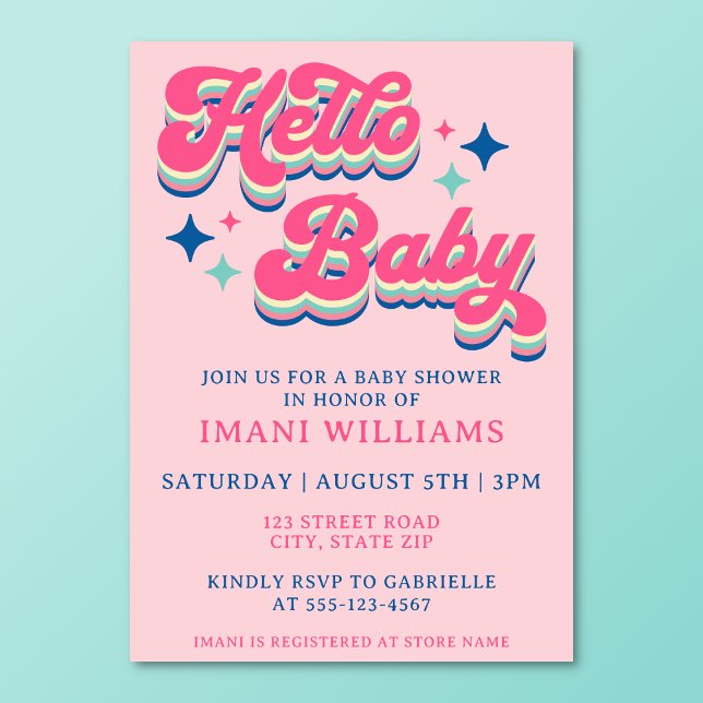 Invitation Baby shower Super Retro Typographie rose (Retro groovy pink baby shower invitation on a turquoise background.)