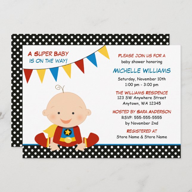 Invitation Baby shower superhero Bunting (Devant / Derrière)