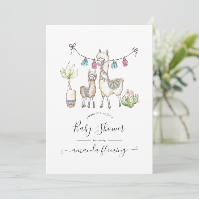 Invitation Baby Shower sur le thème de Lama à l'aquarelle (Debout devant)