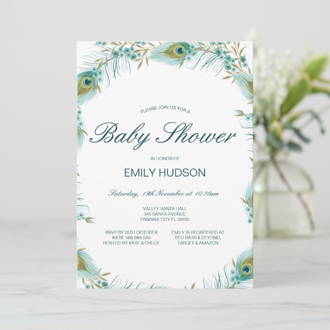 Invitation Baby Shower sur le thème du paon modifiable (Debout devant)