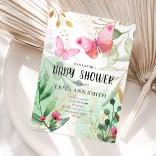 Invitation Baby Shower sur le thème Papillon Rose Or Végétali
