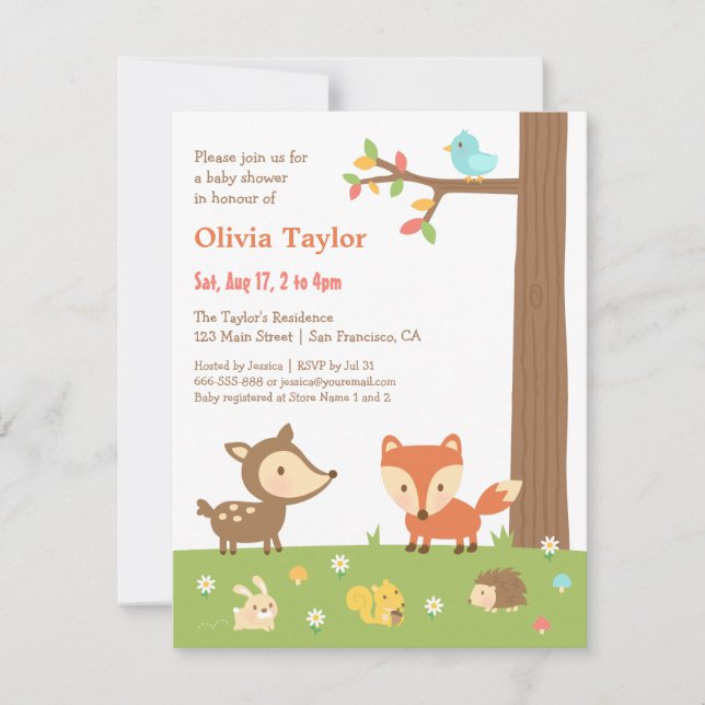 Invitation Baby Shower sur les Animaux Mignons de la Forêt (Devant)