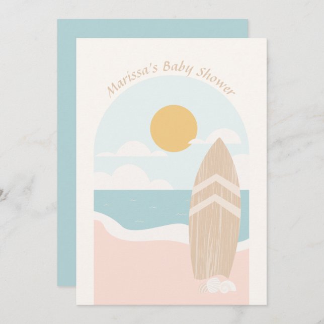 Invitation Baby shower Surfboard Beach (Devant / Derrière)