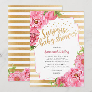 Invitation Baby shower surprise pivoines d'or rose