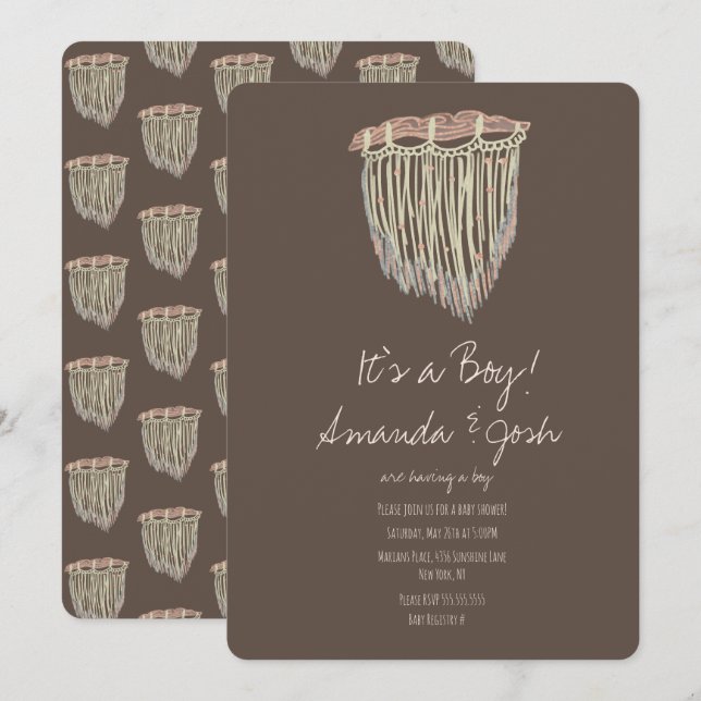 Invitation Baby Shower Suspension Macramé Rustique Bohème (Devant / Derrière)