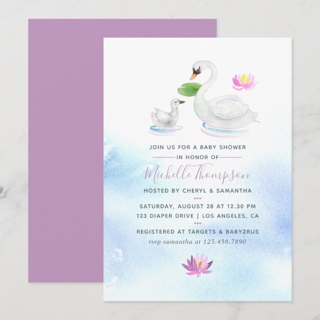 Invitation Baby shower Swan Watercolor (Devant / Derrière)