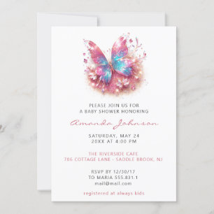 Invitation Baby shower Sweet 16e papillon fille rose blanc