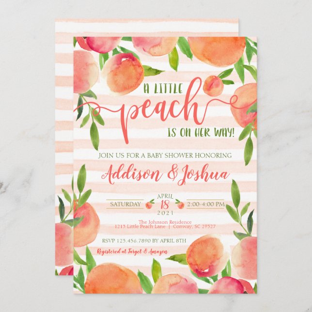 Invitation Baby shower Sweet Little Peach (Devant / Derrière)