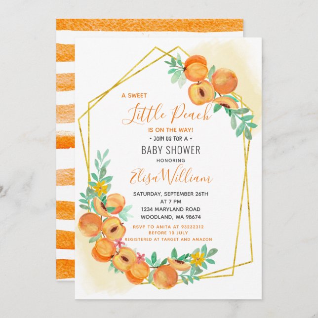 Invitation Baby shower Sweet Little Peach (Devant / Derrière)
