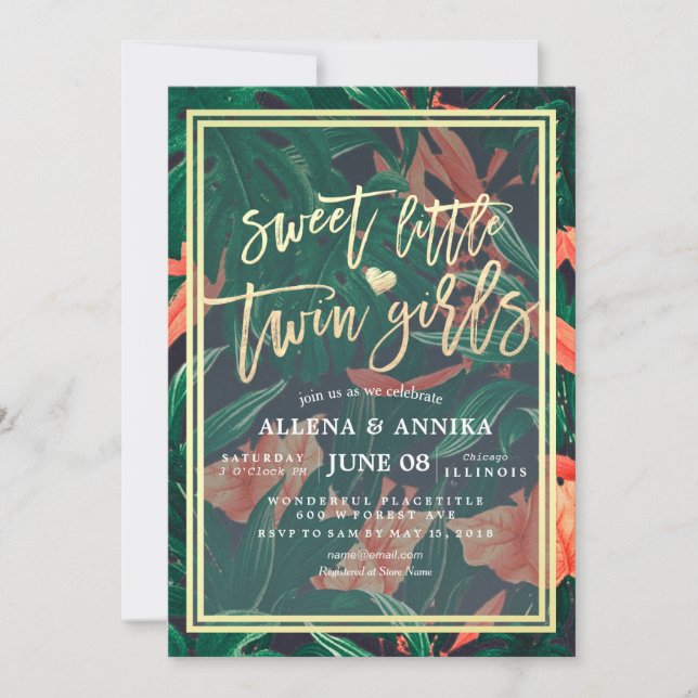 Invitation Baby shower Sweet Little Twin Girl Tropical Floral (Devant)
