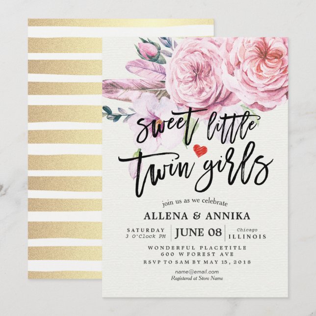 Invitation Baby shower Sweet Little Twin Girls Boho Fleurs (Devant / Derrière)