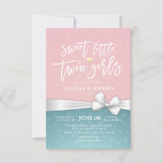 Invitation Baby shower Sweet Little Twin Girls White Ribbon (Devant)