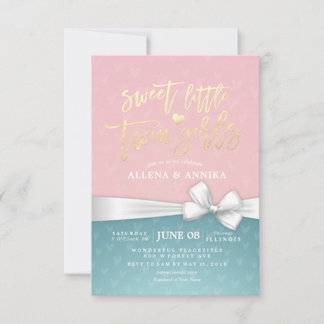 Invitation Baby shower Sweet Little Twin Girls White Ribbon (Devant)