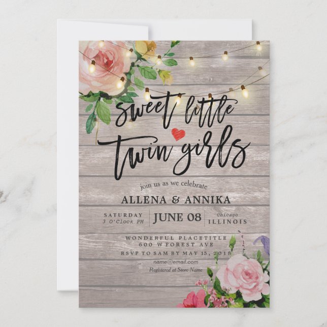 Invitation Baby shower Sweet Petites Filles jumelles Fleurs b (Devant)