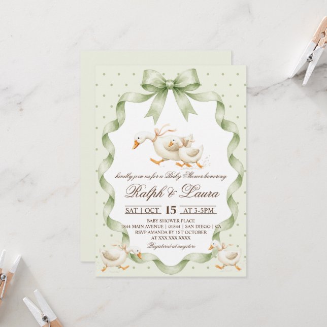 Invitation Baby Shower Tache de Canard Vert (Devant/Arrière en situation)