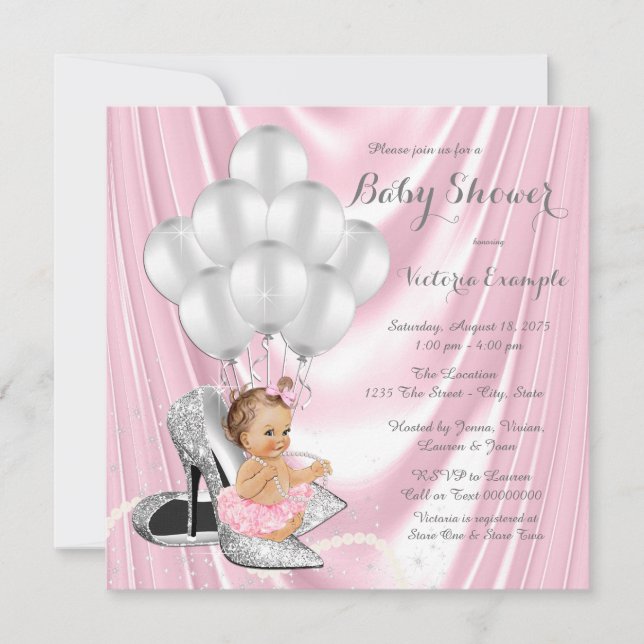 Invitation Baby Shower Talon Haut Rose Argent Perle (Devant)