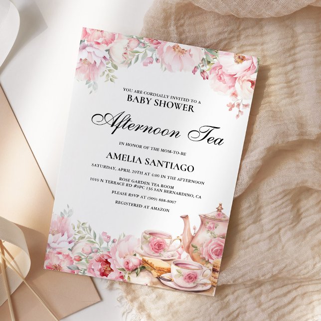 Invitation Baby Shower Tea de l'après-midi Fleurs Rose Tendue (Créateur téléchargé)